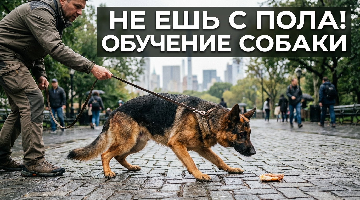 Собака подбирает еду с земли