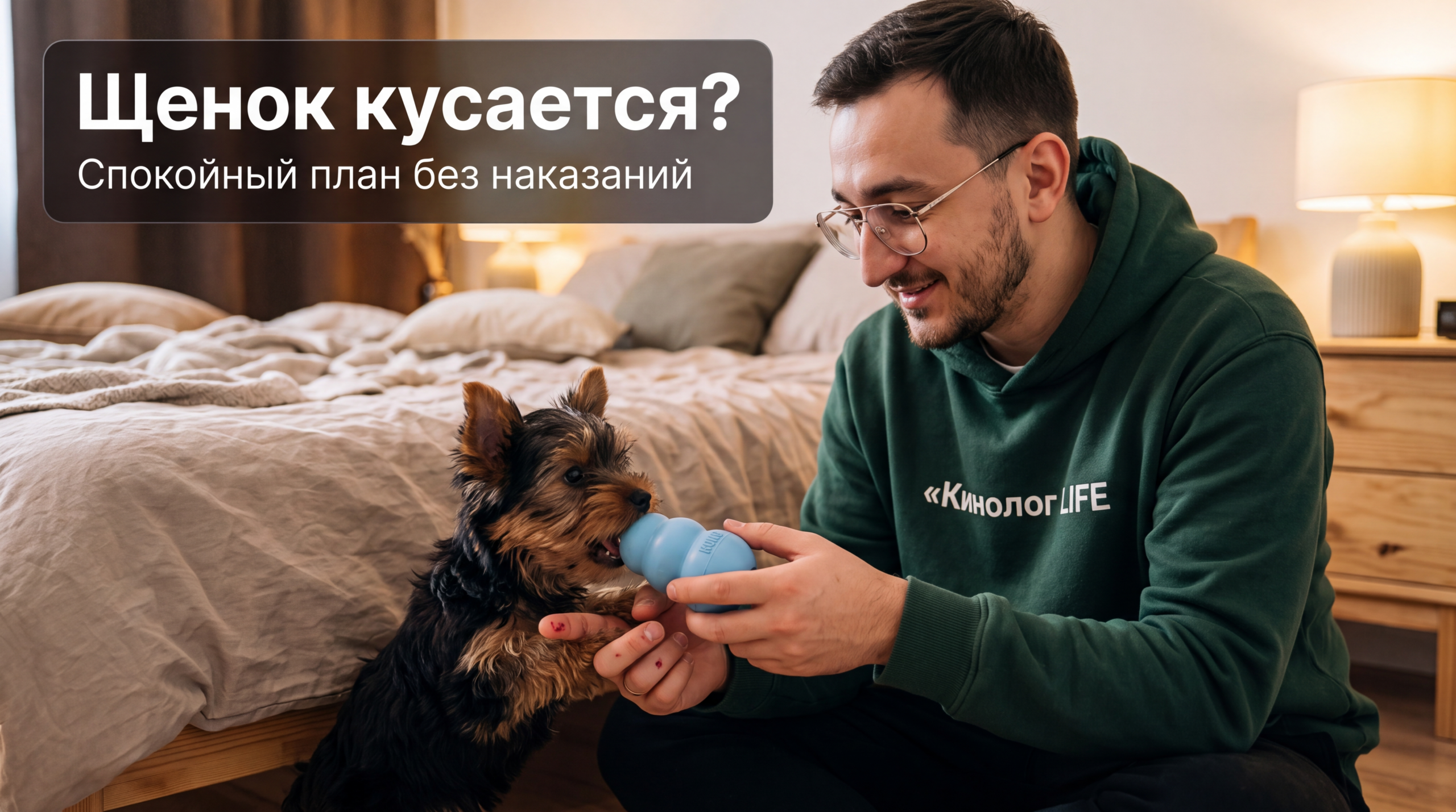 Щенок грызёт игрушку рядом с рукой хозяина - как отучить щенка кусаться без наказаний