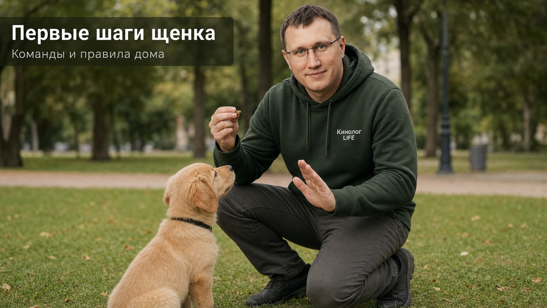 Кинолог Кинолог LIFE в парке отрабатывает первую команду со щенком - с чего начать обучение щенка