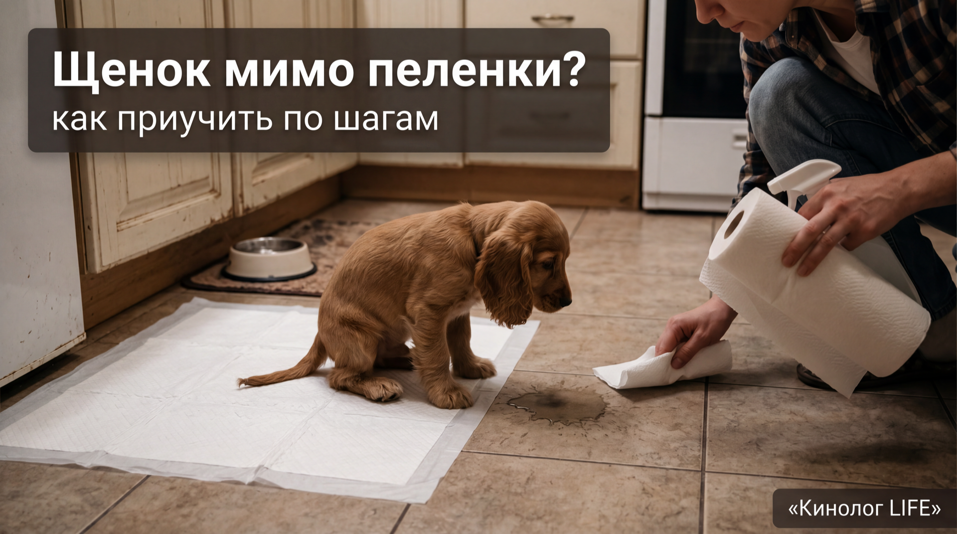 Щенок у впитывающей пеленки в квартире, небольшая лужа мимо - как приучить щенка к пеленке