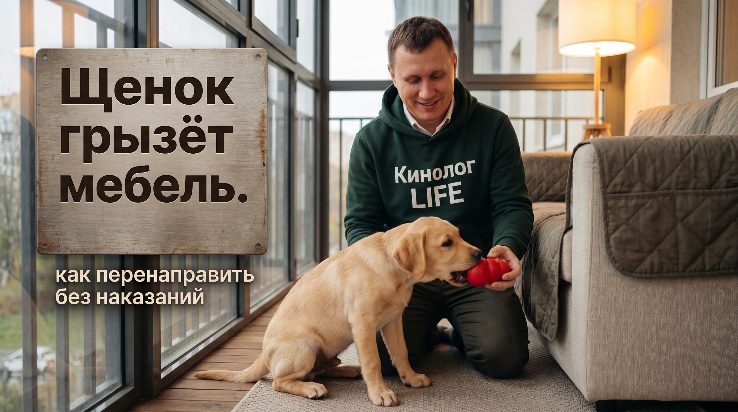 Кинолог LIFE показывает, как отучить щенка грызть мебель – жевательная игрушка вместо ножки стула, защищённые углы дивана