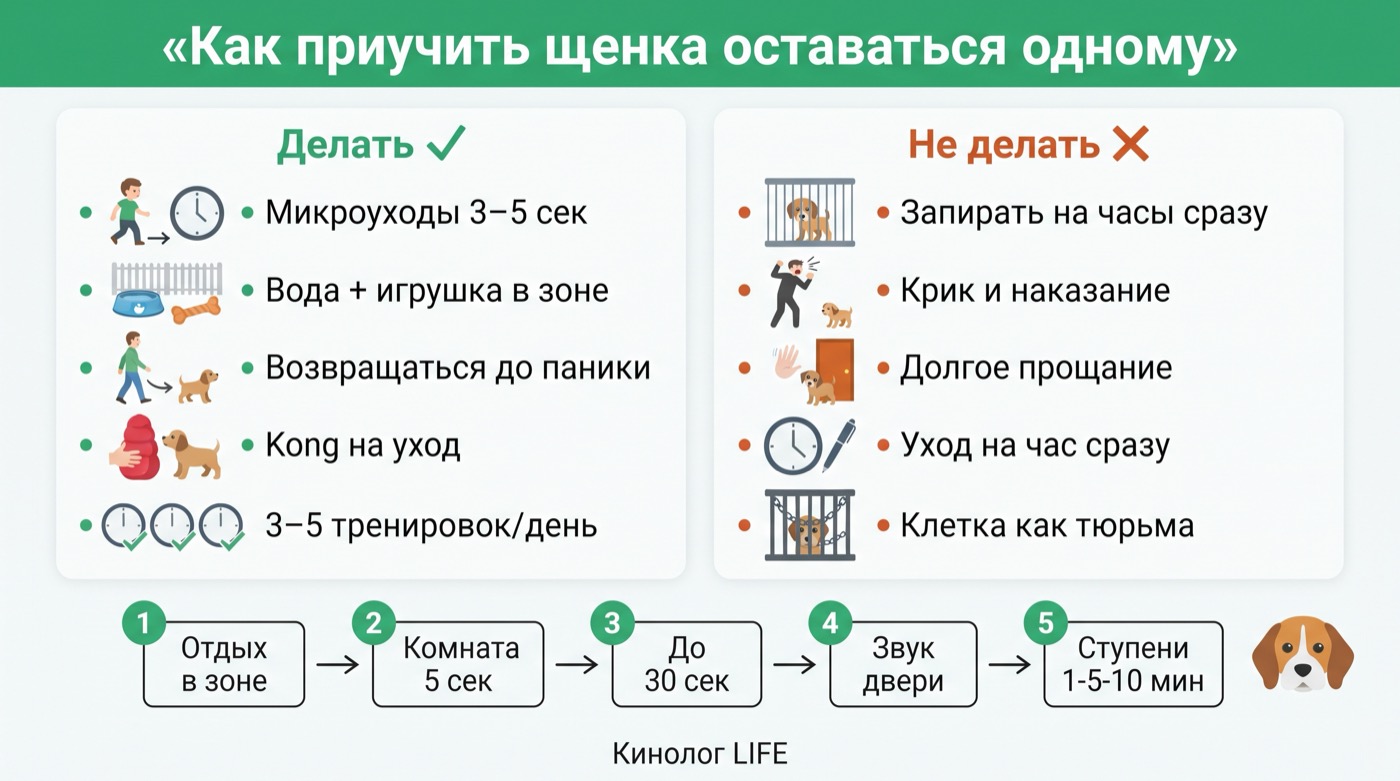 Инфографика: как приучить щенка оставаться одному — что делать и чего избегать, пошаговый план