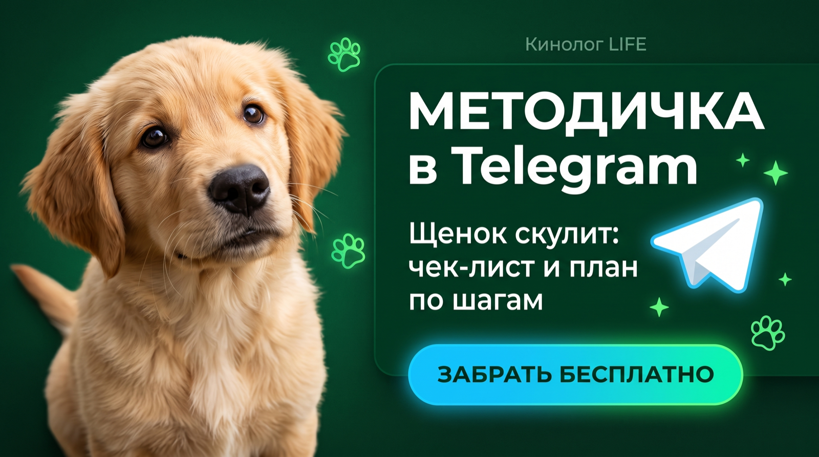 Методичка в Telegram: Щенок скулит - чек-лист и план по шагам. Забрать бесплатно