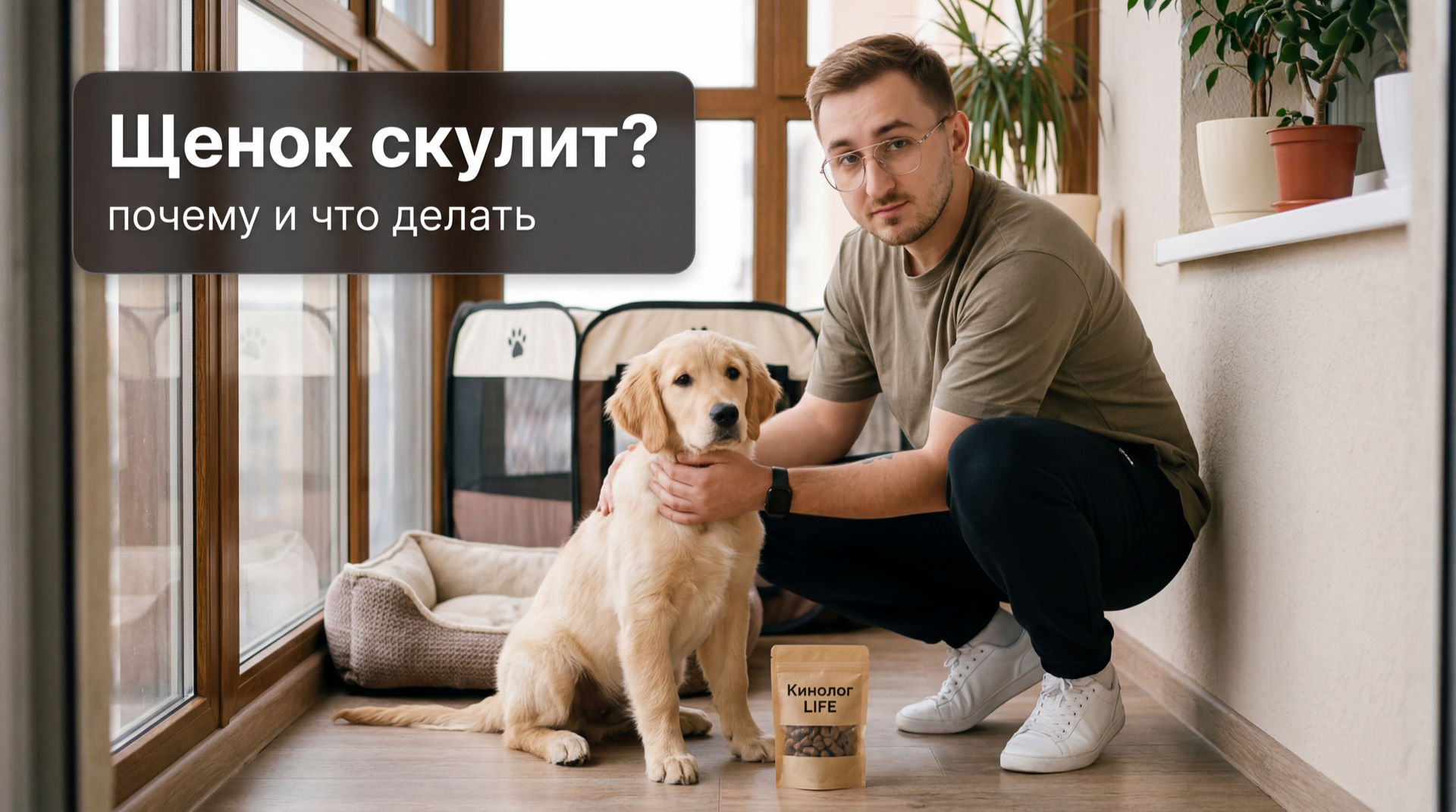 Кинолог Кинолог LIFE спокойно помогает щенку у лежанки - щенок скулит, почему и что делать