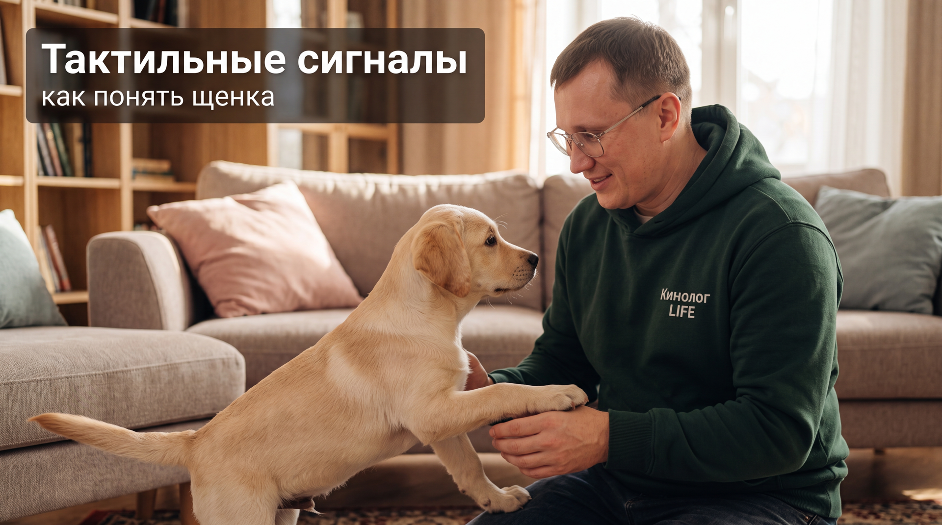 Кинолог LIFE объясняет тактильные сигналы щенка - лапа на колено, спокойный контакт без наказания